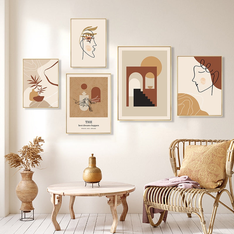 Beige And Terracotta Color Abstract Line Art Canvas Prints