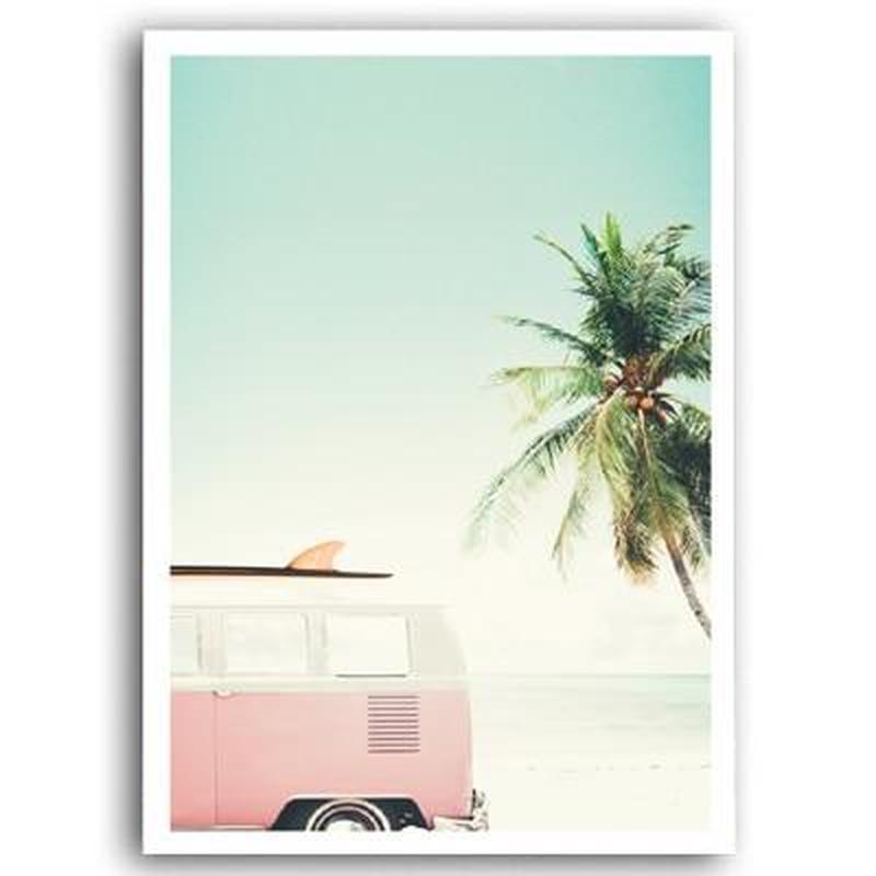 Beach Town Canvas Painting Prints-Heart N' Soul Home-40x50 cm no frame-Pink Bus-Heart N' Soul Home