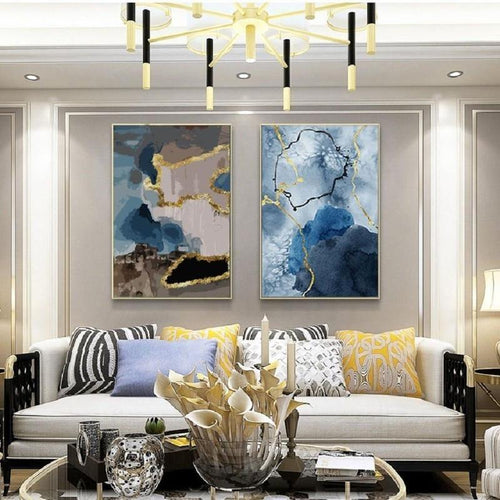 Blue Gold Abstract Art Canvas Painting Prints-Heart N' Soul Home-Heart N' Soul Home