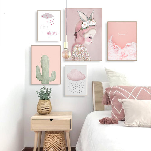 Cartoon Princess Pink Cactus And Clouds Nursery And Kids Room Canvas Prints-Heart N' Soul Home