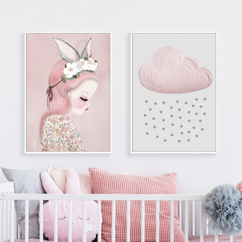 Cartoon Princess Pink Cactus And Clouds Nursery And Kids Room Canvas Prints-Heart N' Soul Home