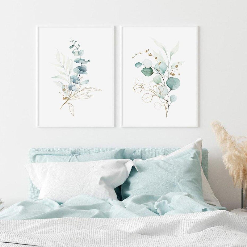 Light Blue And Green Elegant Watercolor Flower Trio Art Prints-Heart N' Soul Home