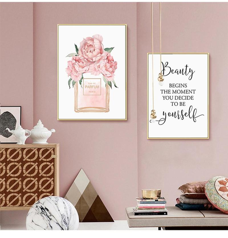 SUMGAR Pink Wall Art Girls Bedroom Wall Decor Fashion Perfume Flower  Butterfly Pictures Blush and Grey Framed Canvas Prints for Modern Living  Room